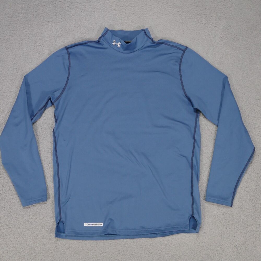 Under Armour Cold Gear Mock Neck Shirt Mens Large Blue Solid Long Sleeve